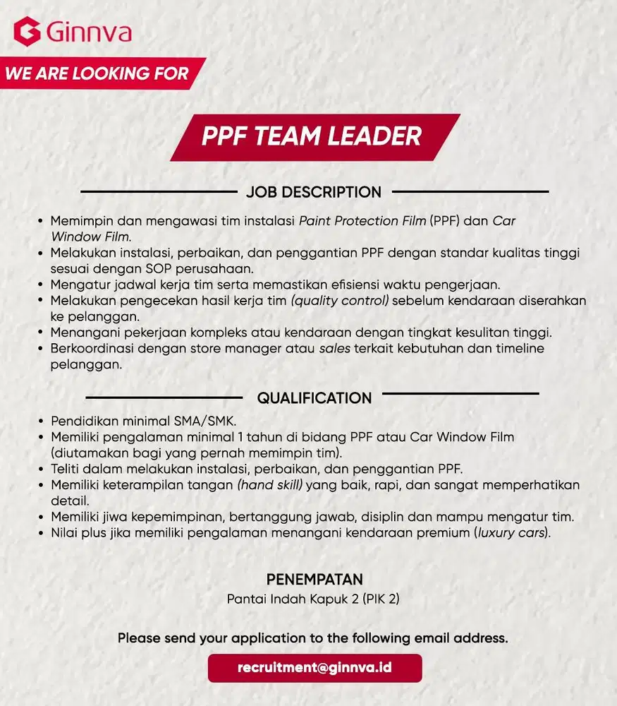 Lowongan Kerja Otomotif: PPF Team Leader