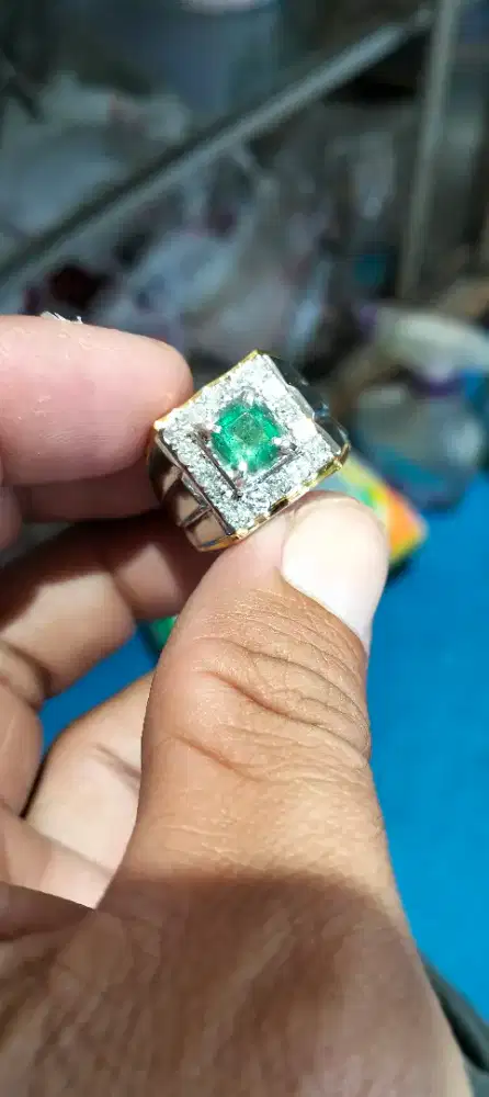 Zamrud natural ring perak samping berlian