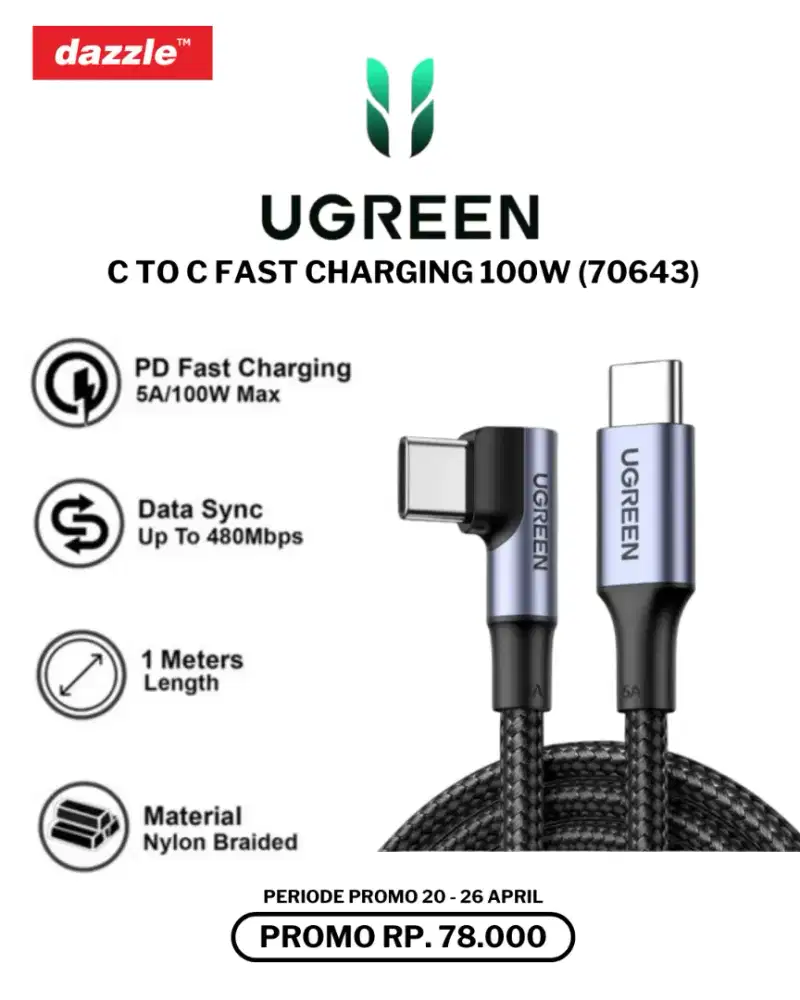 UGREEN TYPE C TO TYPE C 100W CABLE (70643)