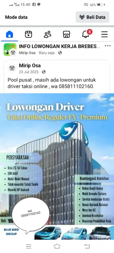Lowongan kerja driver taksi Bluebird