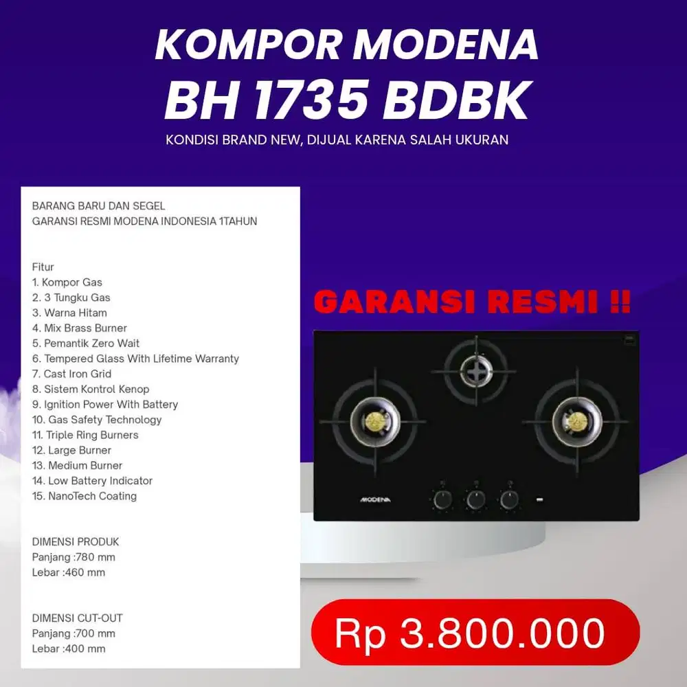 Kompor Modena 100% BARU dan bergaransi resmi 1 tahun