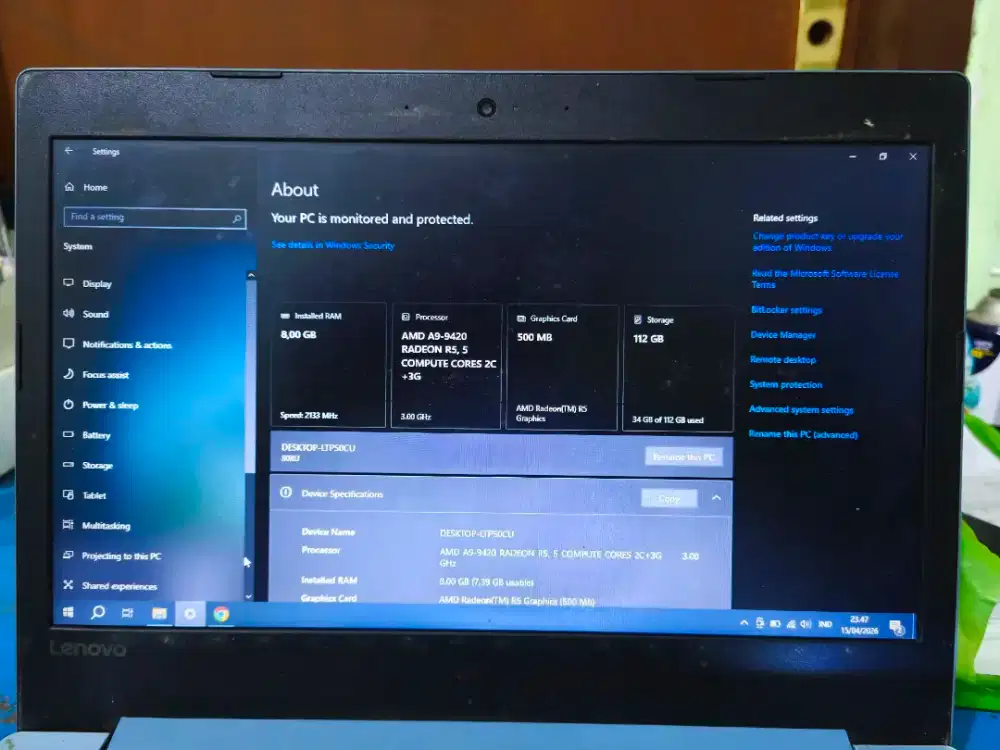 Lenovo IdeaPad 320-14AST RAM 8 Gb SSD 120 Gb AMD A9-9420 Second
