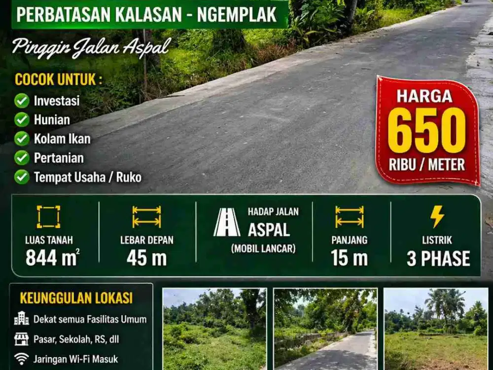 Tanah Murah 844m² Pinggir Jalan Aspal – Kalasan/Ngemplak, Cocok Usaha & Investasi