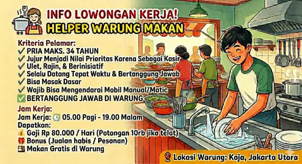 Lowongan helper warung makan bisa bawa mobil