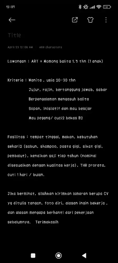 Dicari ART + Momong balita 1.5 thn