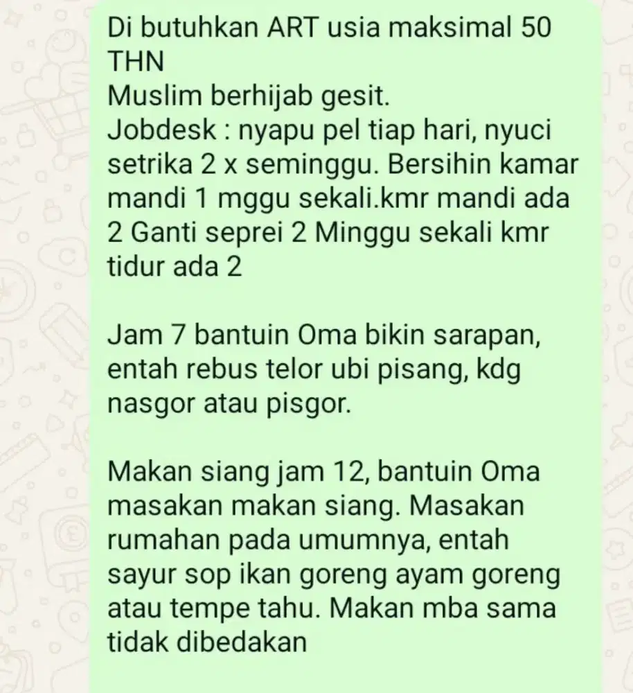 Dicari ART menginap, di Rmh ada Oma opa dan 2 anak yg kerja plg malam