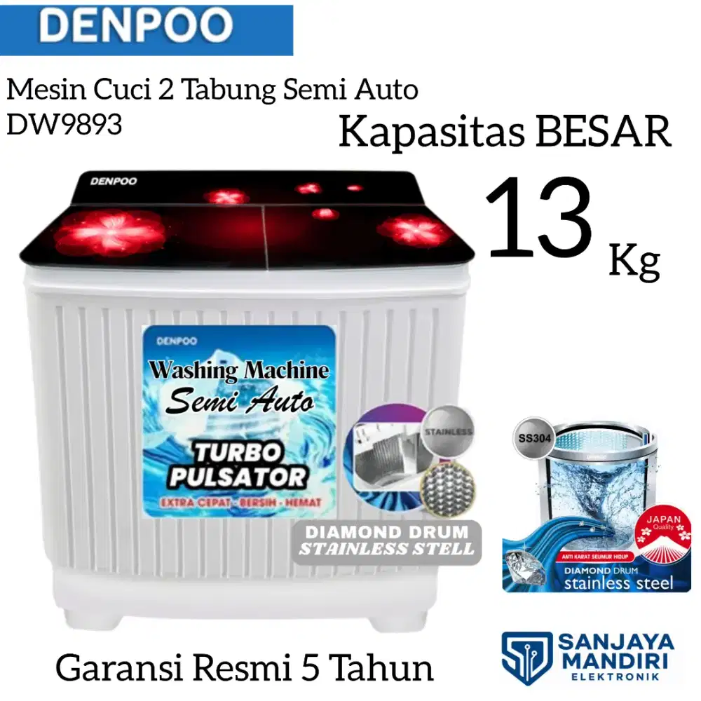 DENPOO Mesin Cuci 2 Tabung 13 KG DW 9893k DIAMOND DRUM STAINLESS STEEL