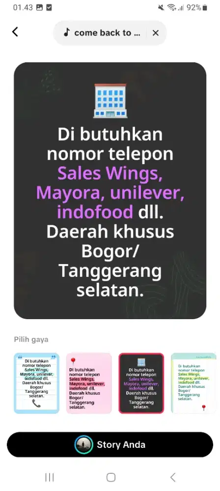 Dibutuhkan nomor telepon sales PT. Wings, Mayora, Unilever, Indofood