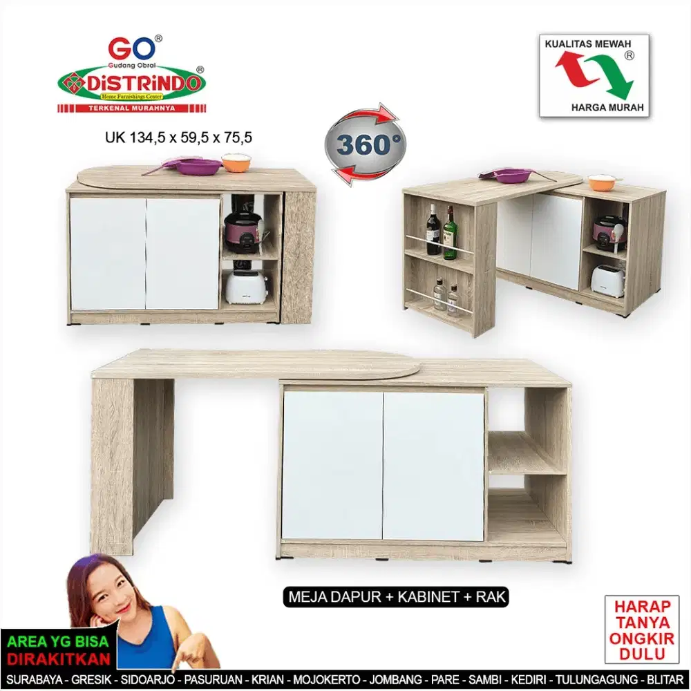 DISTRINDO Meja Dapur / Kitchen Island / Meja Makan Putar 2Sisi