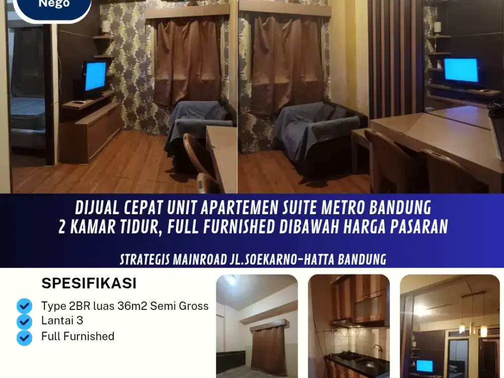 Dijual Cepat Unit Apartemen Suite Metro Bandung
2 Kamar Tidur, Full Furnished dibawah Harga Pasaran

Strategis Mainroad Jl.Soekarno-Hatta Bandung