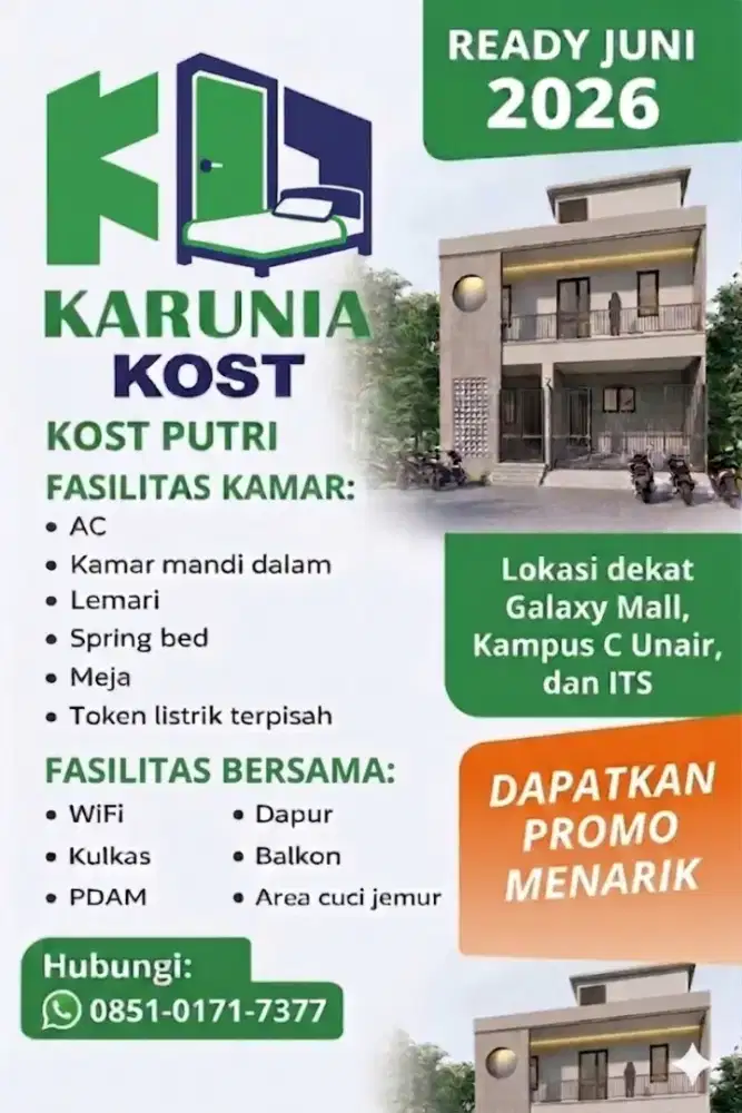 Kost Putri dekat Kampus C unair, ITS, Galaxy mall