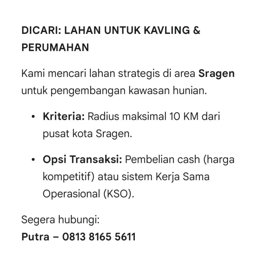 DI CARI Lahan untuk Pengembangan Kavling Dan Perumahan