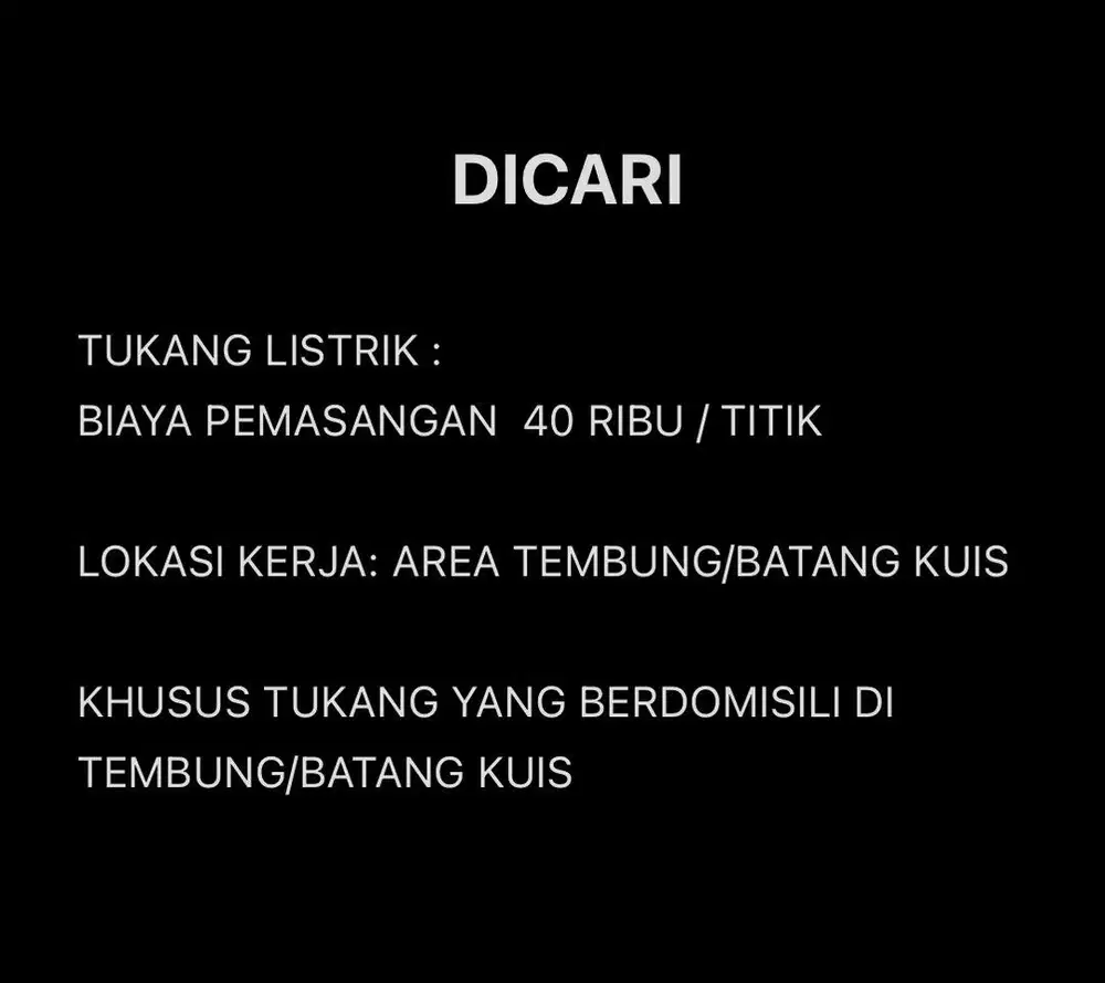 DICARI TUKANG LISTRIK