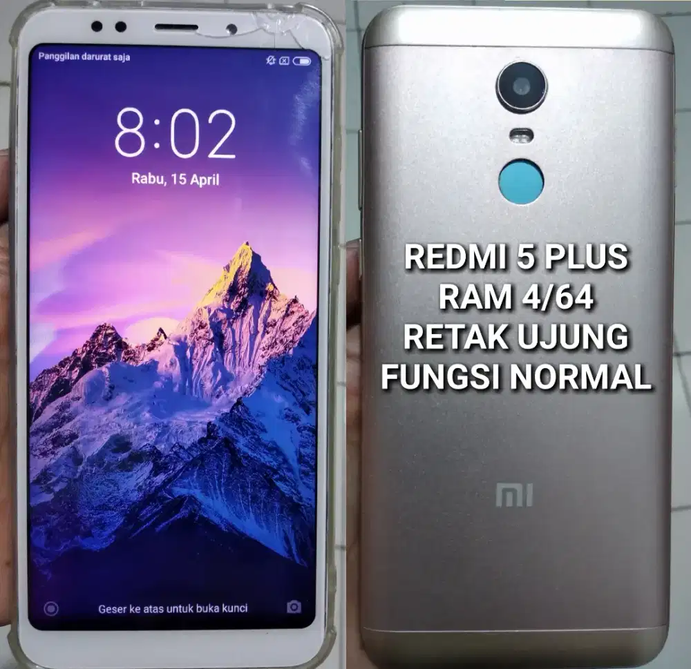 Redmi 5 Plus Ram 4/64 kaca retak ujung fungsi normal cod kranji bekasi