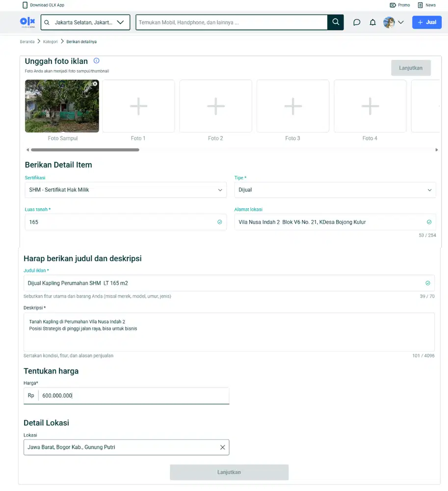 Dijual tanah Kapling Strategis  Perumahan VNI 2 SHM  LT 165 m2