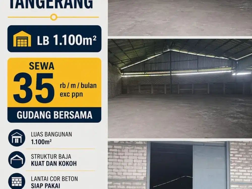 DISEWAKAN GUDANG 1100M2 MURAH CIKUPA AKSES KONTAINER 40FT