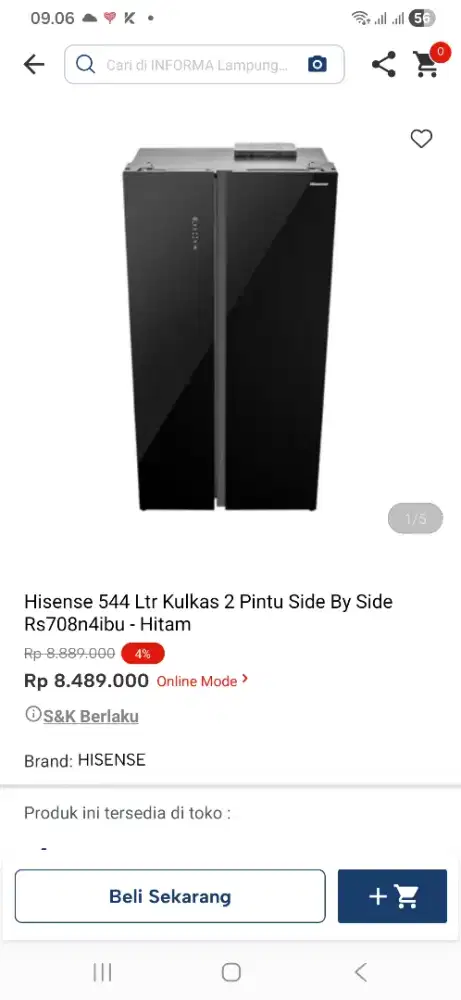 Hisense 544 ltr kulkas 2 pintu side by side Rs708n4ibu