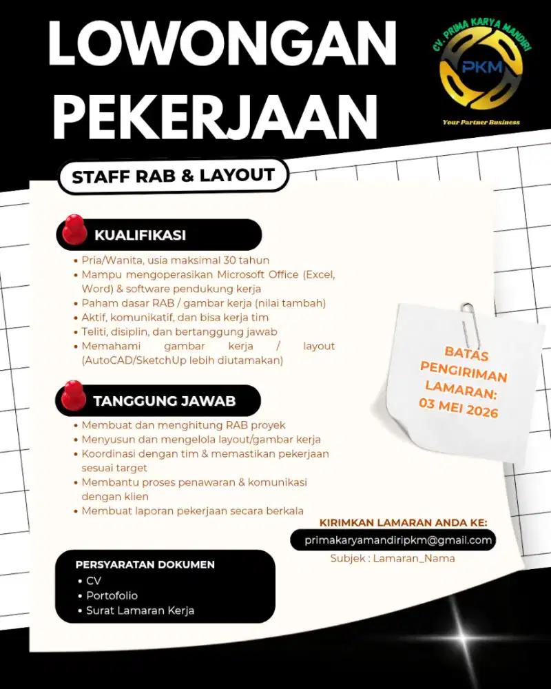 DICARI MARKETING PROYEK DAN STAF RAB