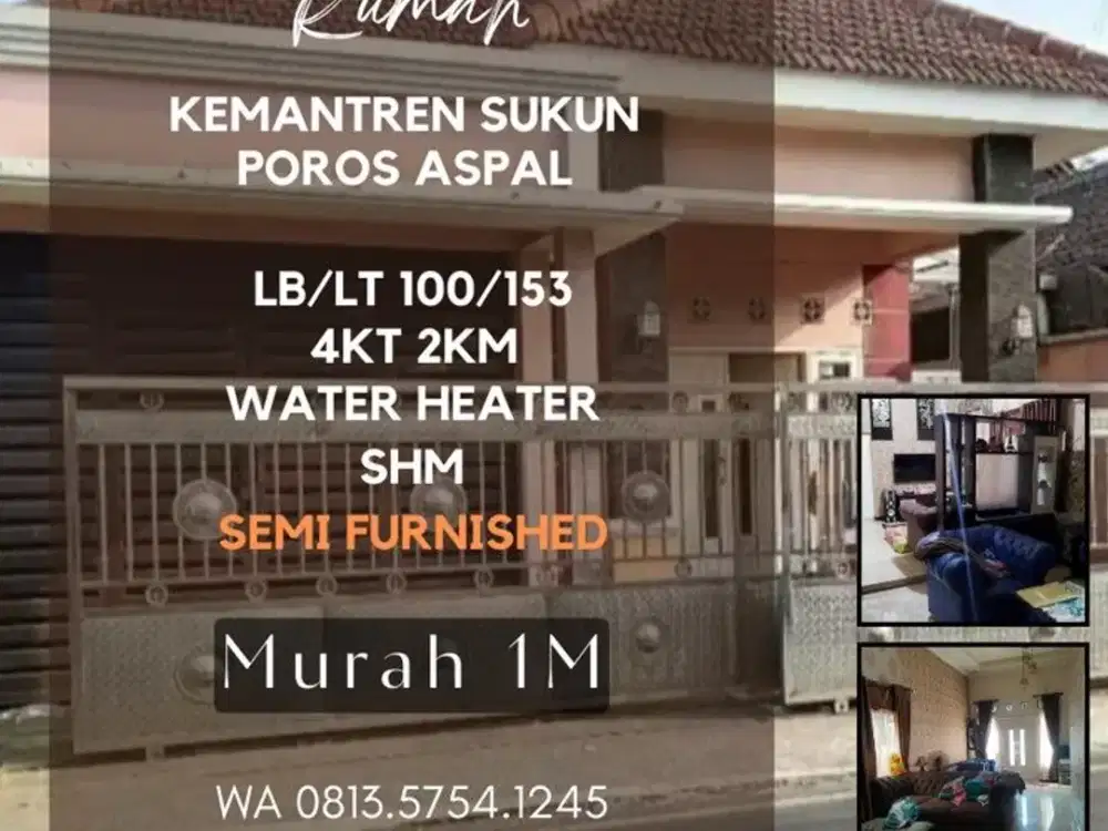 Rumah dijual di sukun 4KT SemiFurnished AC heater 0 jalan aspal untuk usaha