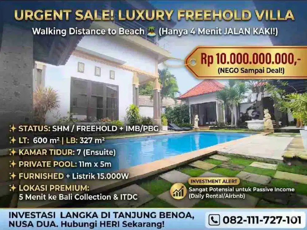 Dijual Cepat Villa Jalan Kaki ke Pantai di Benoa Badung Bali