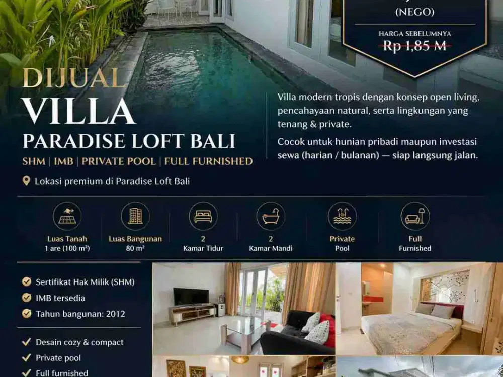 DIJUAL VILLA PARADISE LOFT BALI – SHM | IMB | PRIVATE POOL | FULL FURNISHED