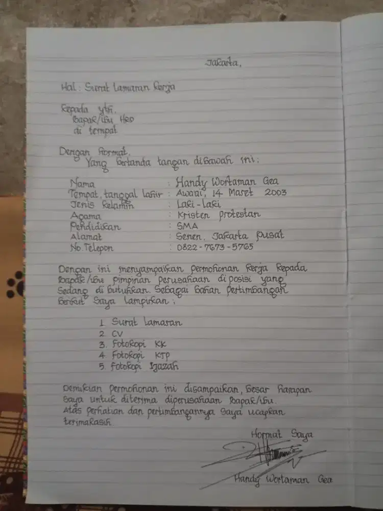 Jasa Tulis tangan Surat lamaran