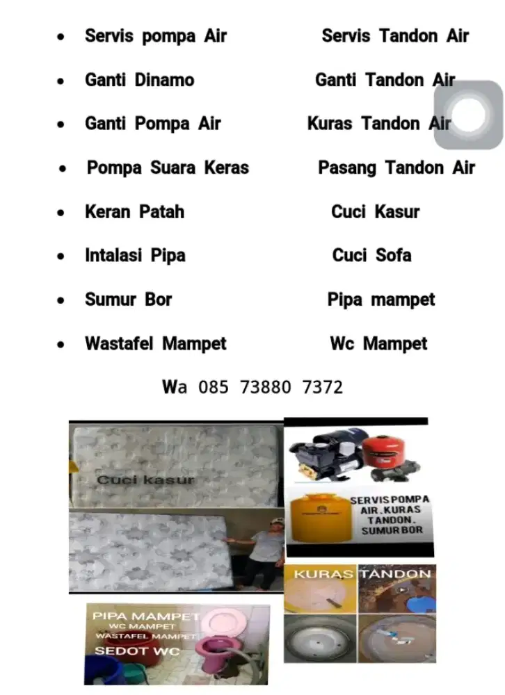 Kuras tandon air ,cuci kasur dan sofa , servis pompa air , sumur bor