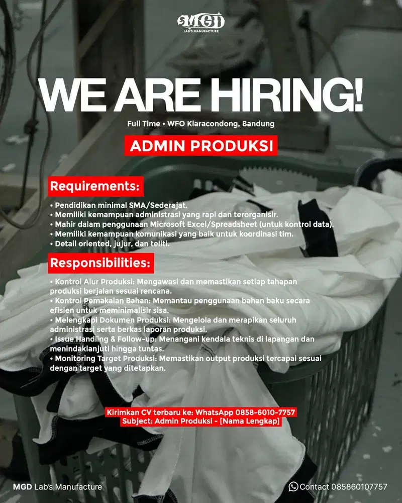 RECRUITMENT ADMIN PRODUKSI Full Time — WFO Kiaracondong, Bandung