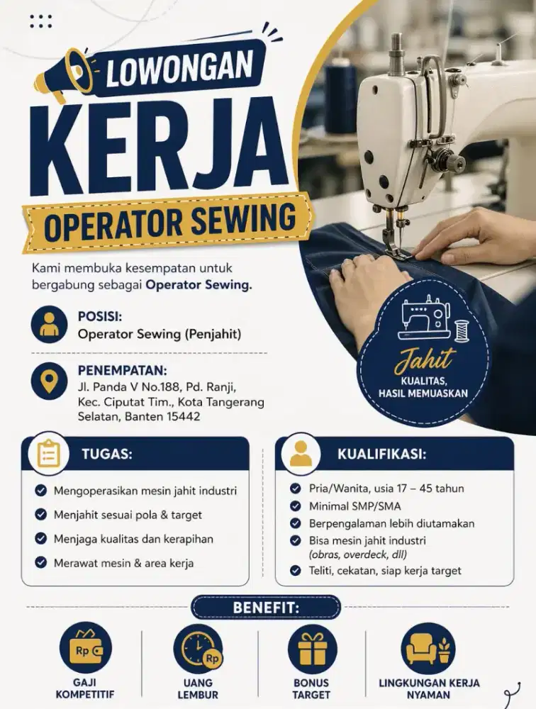 Lowongan Kerja Operator Sewing, Helperdan Mekanik