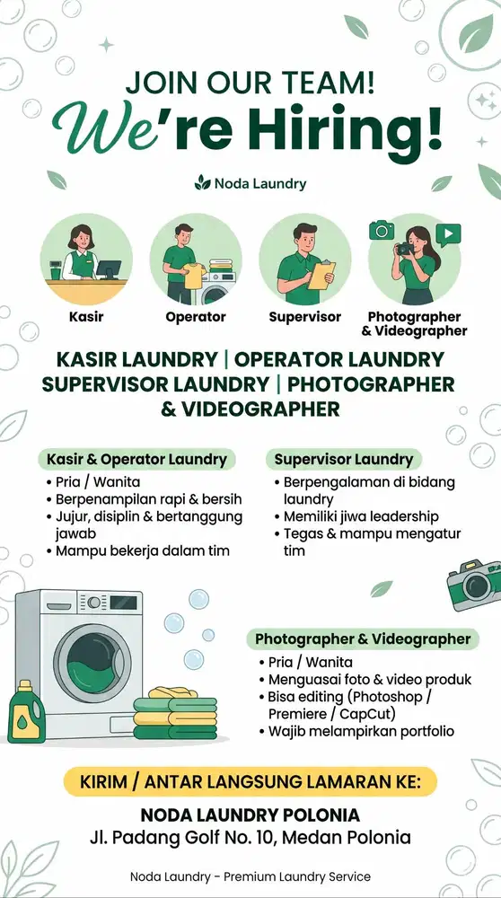 LOWONGAN KERJA NODA LAUNDRY – KASIR, OPERATOR, SUPERVISOR & CREATIVE