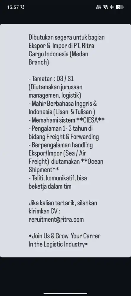 Dibutuhkan segera bagian Ekspor & Impor di PT. RITRA CARGO INDONESIA