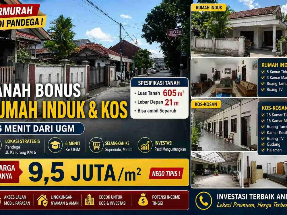 Termurah Area Pandega! Tanah 605m² Bonus Kos 16 Kamar + Rumah Induk – 6 Menit UGM