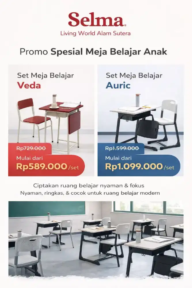 Meja Belajar Anak + Kursi Selma Murah Minimalis (Veda / Auric) Promo