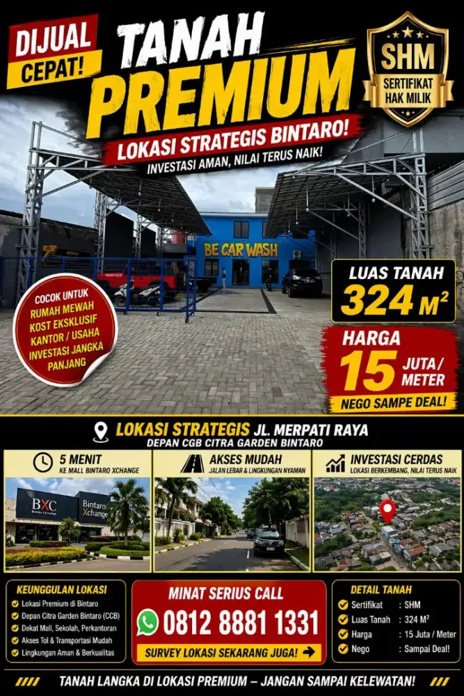 Dijual Cepat BU Tanah Sertipikat SHM 324 M2 Lokasi Strategis Depan CGB
