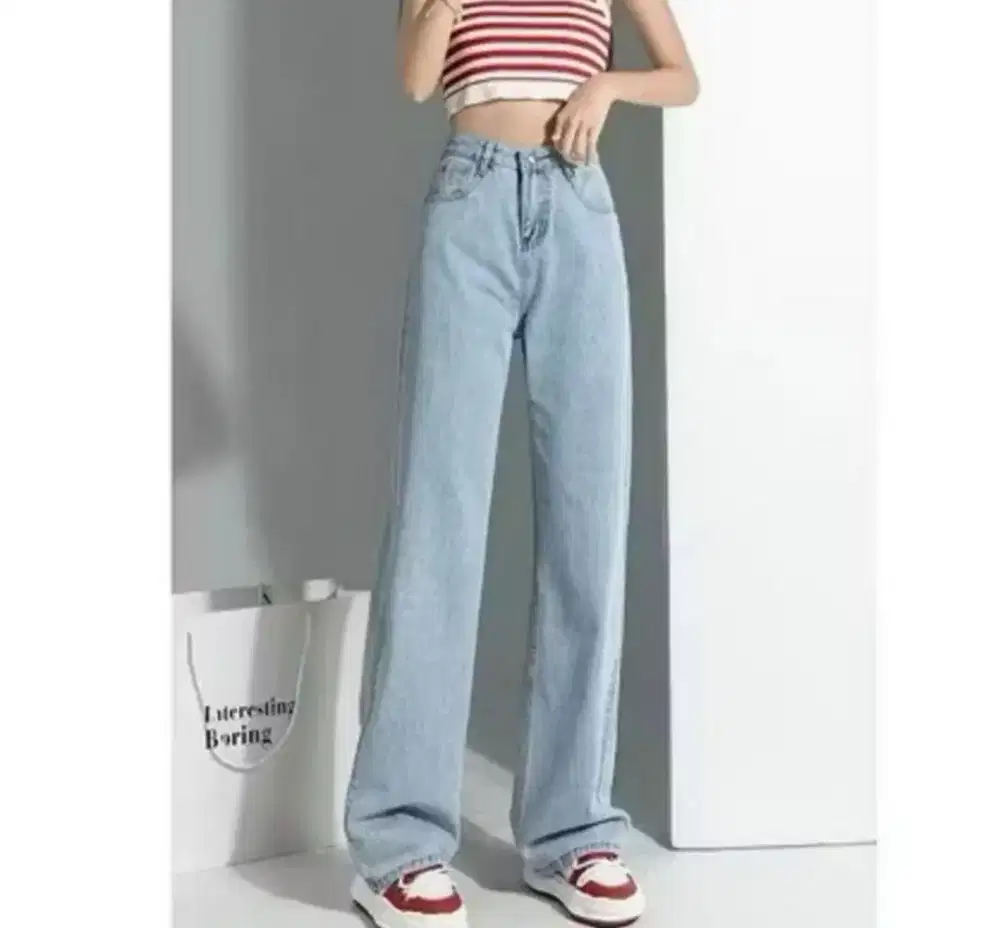 Celana jeans high waist, jens baggy pants kasual biru retro