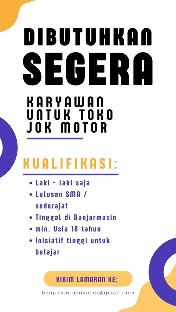 Lowongan kerja karyawan di toko jok motor