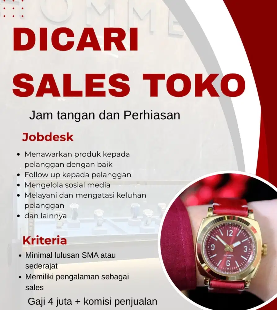 Dicari sales toko jam tangan dan perhiasan di Gading serpong