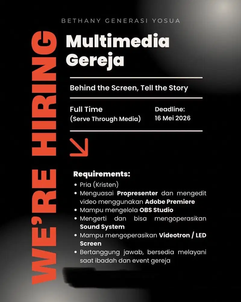 LOWONGAN KERJA FULL TIME – TIM MULTIMEDIA GEREJA