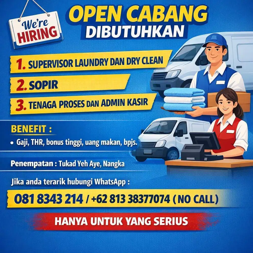 Lowongan Kerja Laundry.Gji bns uang makan. Lok DPS-Bali