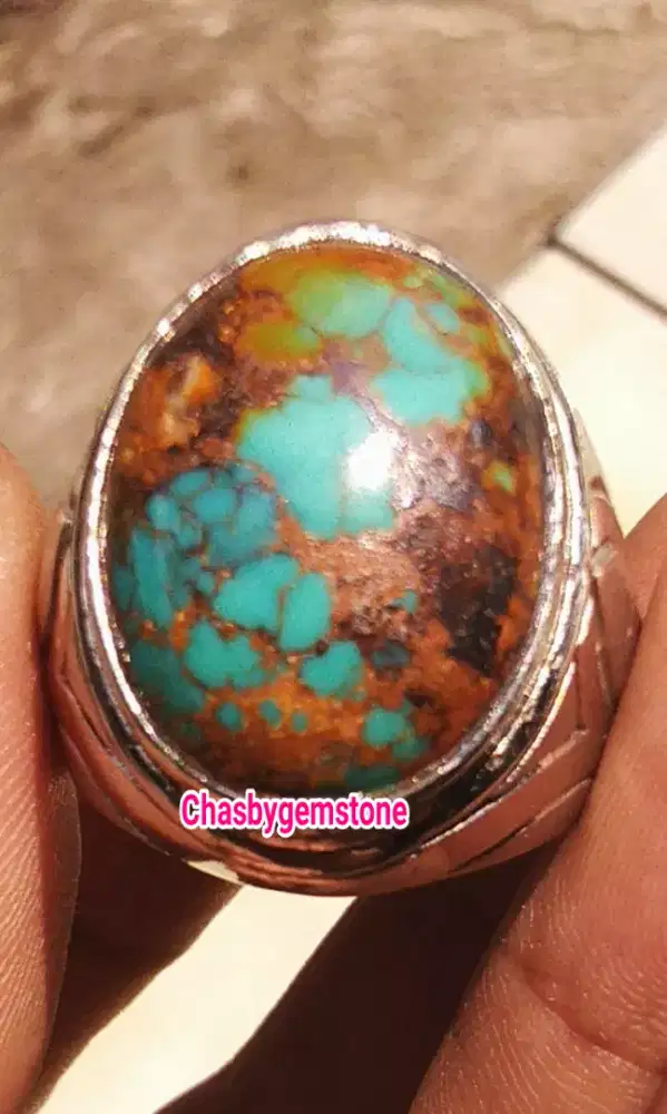 Cincin batu Pirus Persia multycolour-Pirus Persia serat jala lawasan
