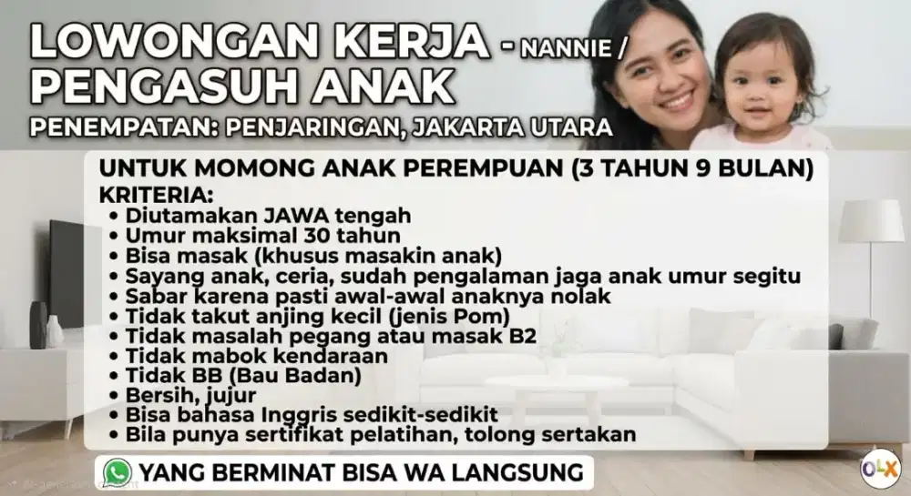 Lowongan NANNY / pengasuh anak di penjaringan, jakarta utara