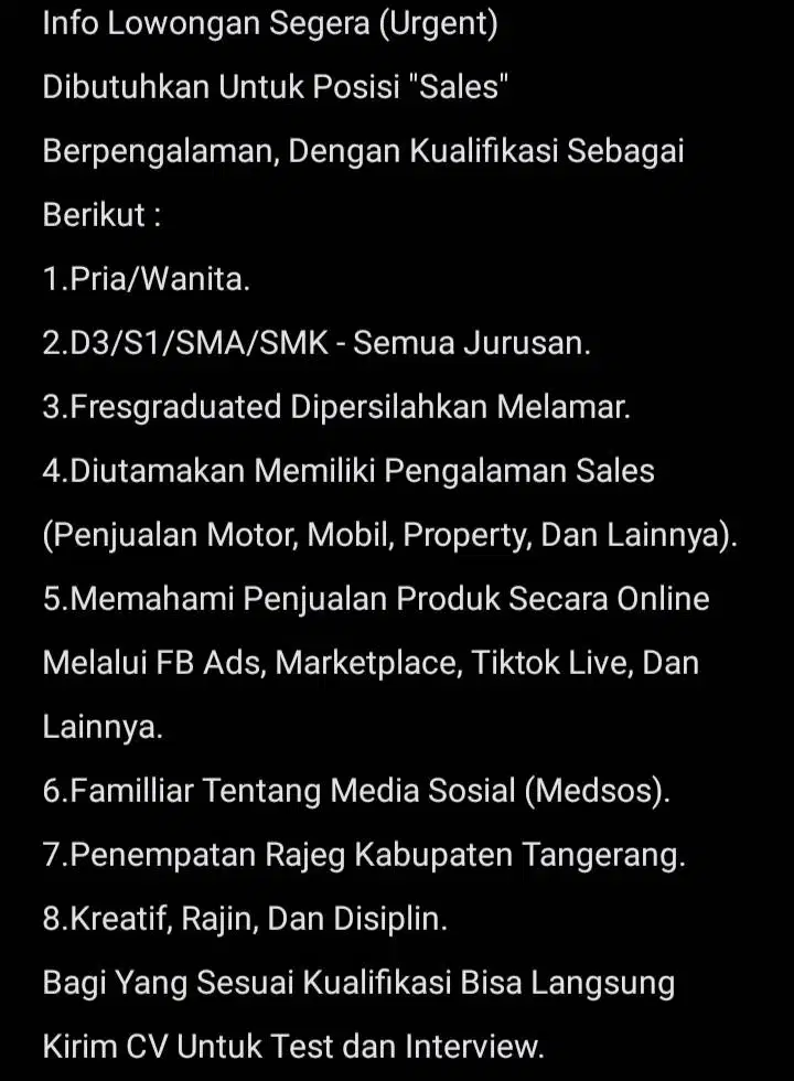 Lowongan Sales (Urgent)