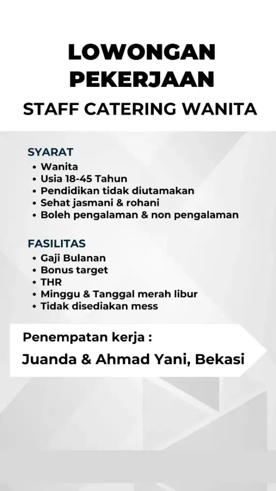 Lowongan Kerja Staff Catering Wanita Di Bekasi