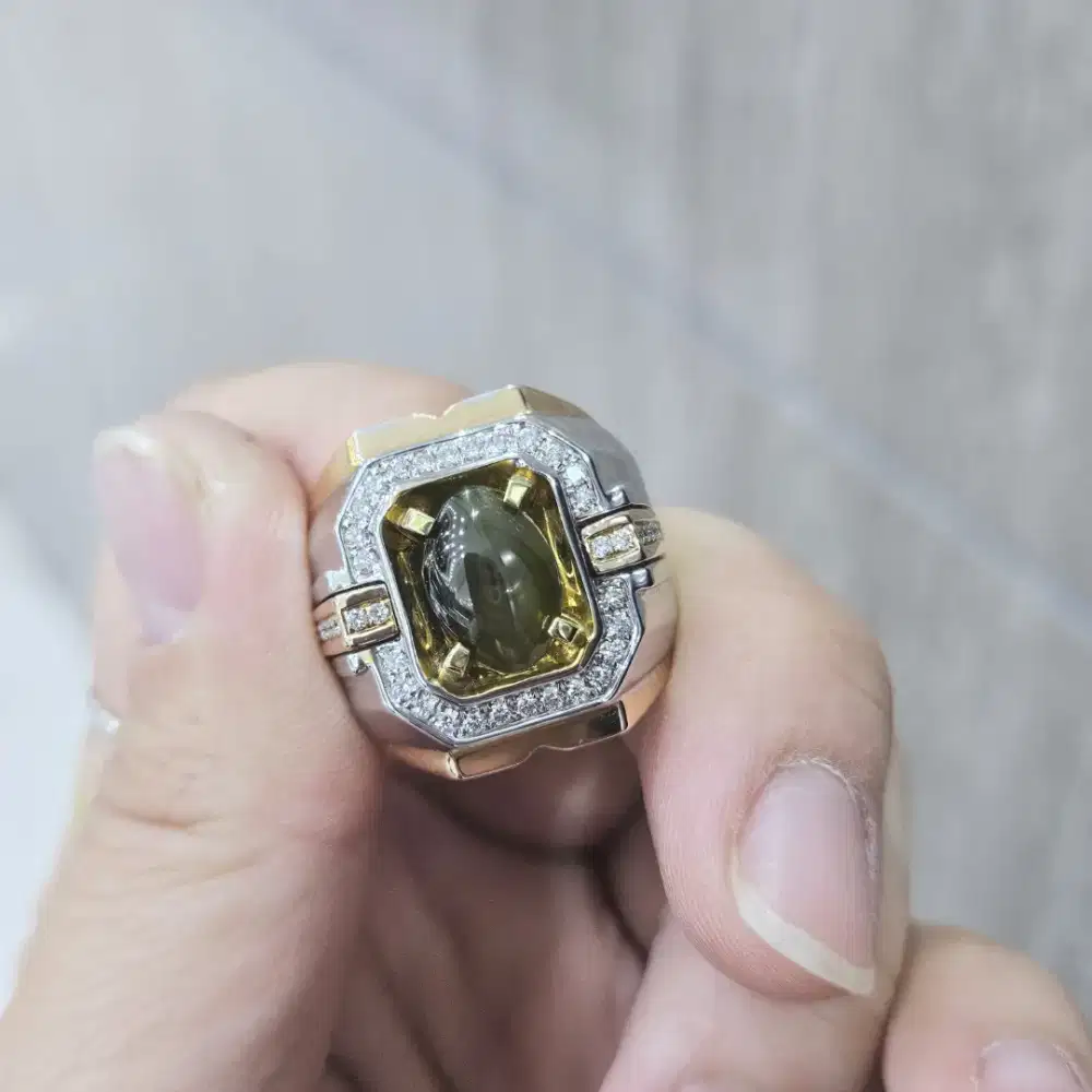 Cincin emas 18k berlian eropa cat eye chrysoberyl safir zamrud emerald
