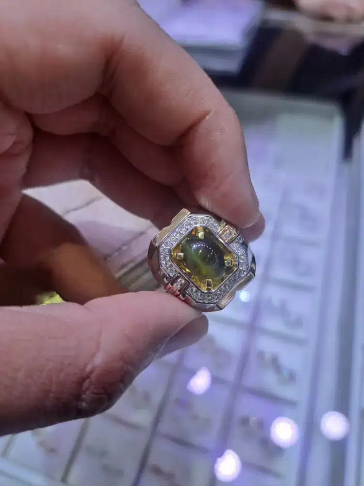 Cincin emas 18k berlian eropa cat eye chrysoberyl safir zamrud emerald