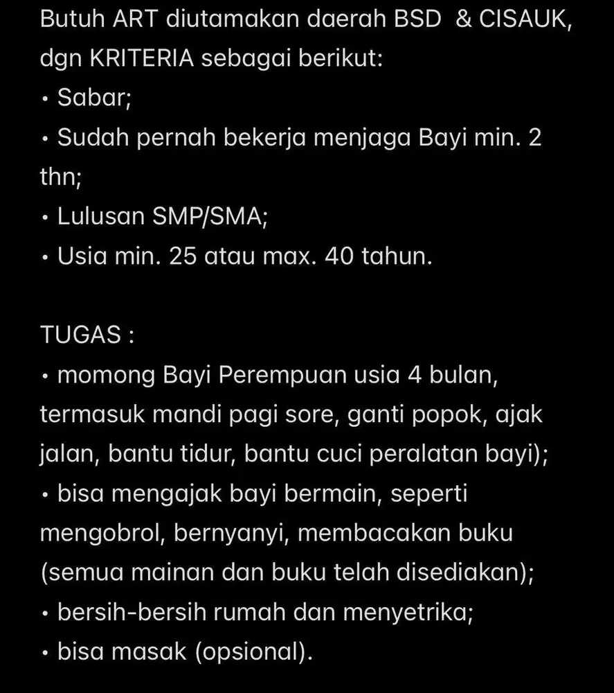 ART PP MOMONG BAYI DAN BERSIH-BERSIH RUMAH