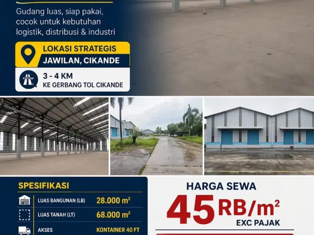 DISEWAKAN GUDANG MANDIRI 28000M2 CIKANDE-AKSES KONTAINER 40FT