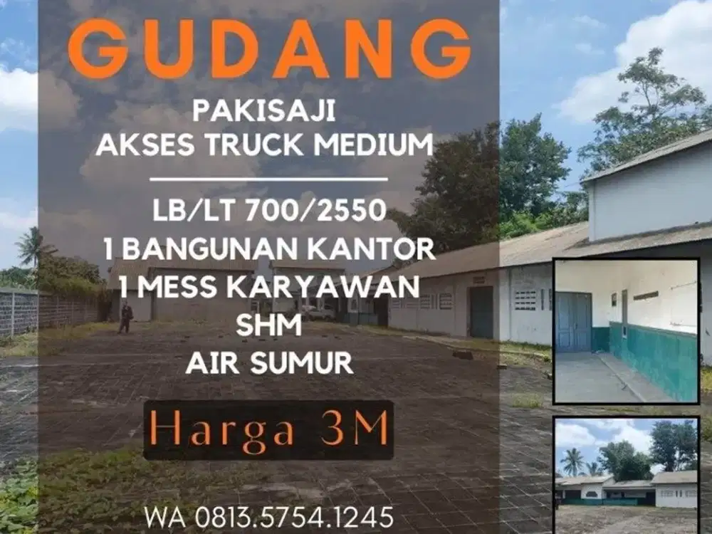 Gudang dijual di Malang Lt2550 Lb700 gentong poros aspal pakisaji