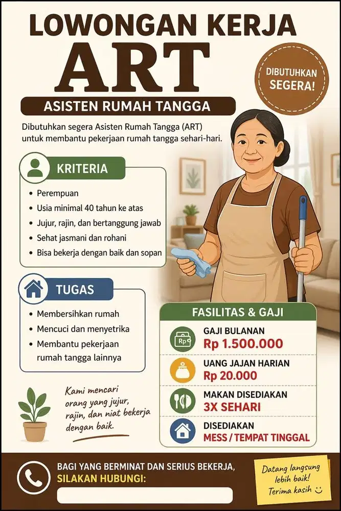 LOWONGAN KERJA ASISTEN RUMAH TANGGA (ART)
