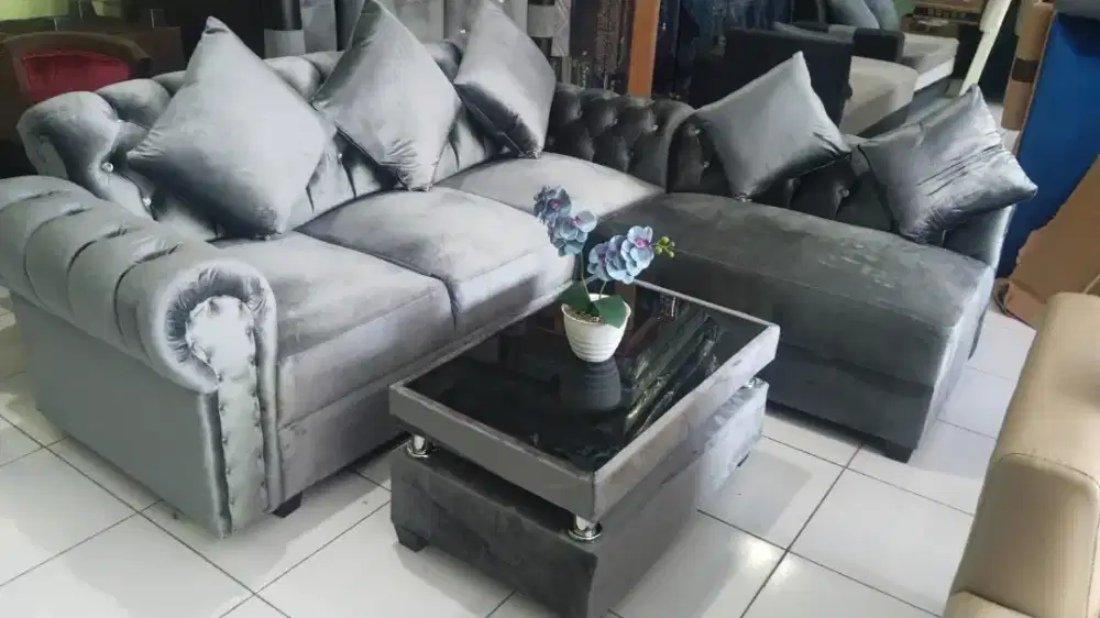 Sofa L putus kancing abu